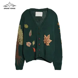 AiNear Wholesale Custom Logo Design Oem Odm Long Sleeve V Neck Hand Embroidery Patterns Men's Wool Knitted Cardigan Sweater