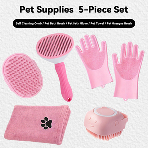 Kit pembersih mandi perawatan hewan peliharaan 5 1 sarung tangan cuci Anjing sikat mandi silikon sikat sampo anjing plastik produk pembersih hewan peliharaan Premium - Product Image 2