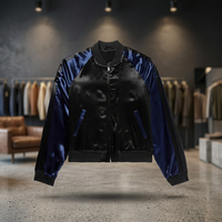 Blouson Bomber Homme Noir Bleu Marine Fermeture Éclair Coupe Droite Décontracté Écologique Doublure Soie Satinée Façade Été