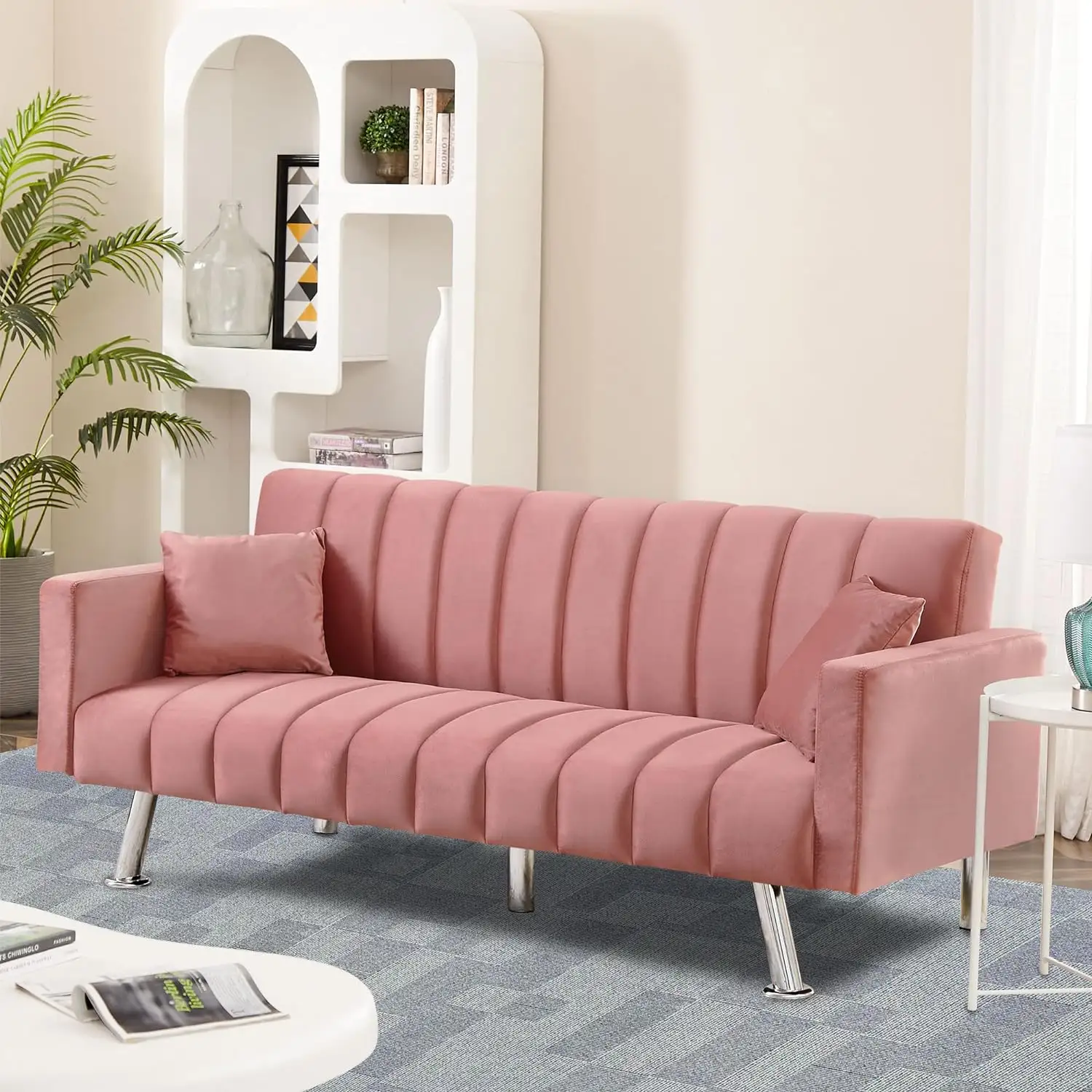Современный розовый светлый диван с 2 подушками бархатный удобный диван-кровать с регулируемым 3-мя позициями идеально подходит для небольшого пространства