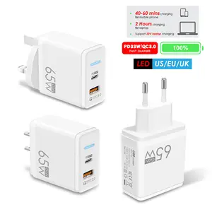 UE Reino Unido EE. UU. 65W multi-puerto rápido Gan cargador PD USB QC3.0 Adaptador de carga para teléfono móvil Tipo C Cargador USB