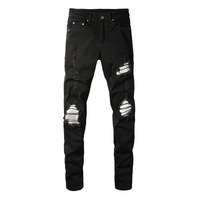 High Street Hommes Slim Fit Droite Hip Hop Style Denim Pantalon Américain Déchiré Élastique Conception Patchwork Streetwear Jeans Patchs