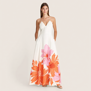 Vestido largo maxi bohemio personalizado para <span class=keywords><strong>mujer</strong></span>, con estampado floral blanco, cintura imperio, escote en V profundo, tirantes finos, fruncido y bolsillos laterales, ideal para invitadas <span class=keywords><strong>de</strong></span> boda. - Product Image 5