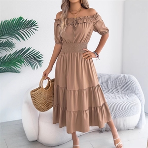 Vestido Largo Casual de Estilo Europeo y Americano para Primavera/Verano 2026, con Hombros Descubiertos, Volantes, Manga Corta, Cintura Ajustada y Plisada para <span class=keywords><strong>Mujer</strong></span> - Product Image 4