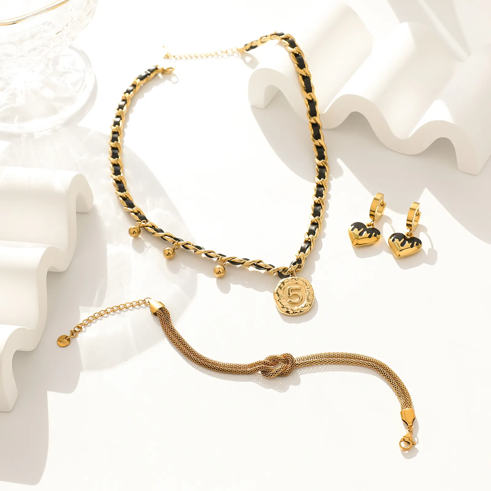 Gelang tulang ular lapis emas 14K, perhiasan Fashion anting hati Stainless kalung rantai jumlah besar