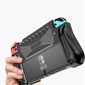 Dokbaar Beschermhoes Voor Nintendo Switch Oled 2021 Zacht Siliconen Omhulsel Koolstofvezel Getextureerde Ergonomische Grip Cover Voor Joycon