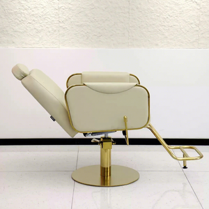 Fauteuil de coiffure hydraulique de luxe beige et or, inclinable, avec appui-tête pour poste de coiffure - Product Image 6