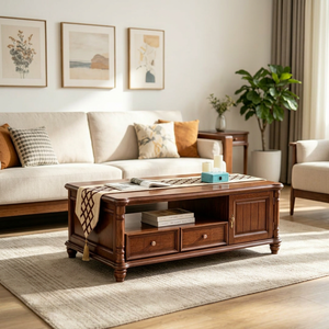 Traditional Wood Coffee Table with Storage Drawers and Shelf Modern Design Multi-Purpose Living Room Furniture - Product Image 1