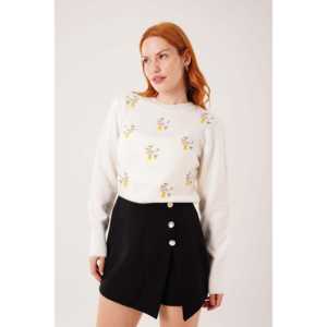 Pull en tricot blanc cassé minimaliste pour femme, manches longues, anti-boulochage, couleur écru, taille M - Product Image 5