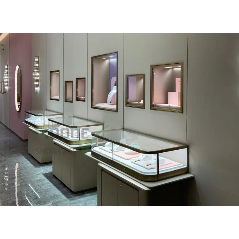 Luxo Jewelry Store Design vidro Showcase display Gabinete de pé joalheria balcão quiosques para shopping com luz