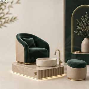Equipo de Salón de Uñas 2026, Mesa de Manicura Doble Moderna de Madera Acanalada Vintage con Detalles Dorados - Product Image 6