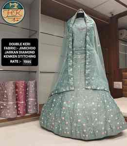 Lehenga Choli de Tela Jimichoo Verde Mar con Trabajo de Diamantes Jarkan y Costura Kenken para Uso Festivo y Nupcial - Product Image 1