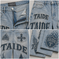 TaiDe op maat gemaakte acid wash baggy wijde pijpen jeans met all-over applicatie grafische print rauwe rand OEM ODM private label kledingfabriek