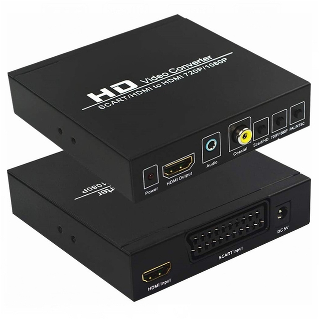 SCART/ HDMI to HDMI, SCART to HDMI Converter HD Video Audio Adapter with 3.5mm Coaxial Audio Out for PAL/NTSC Video Scaler