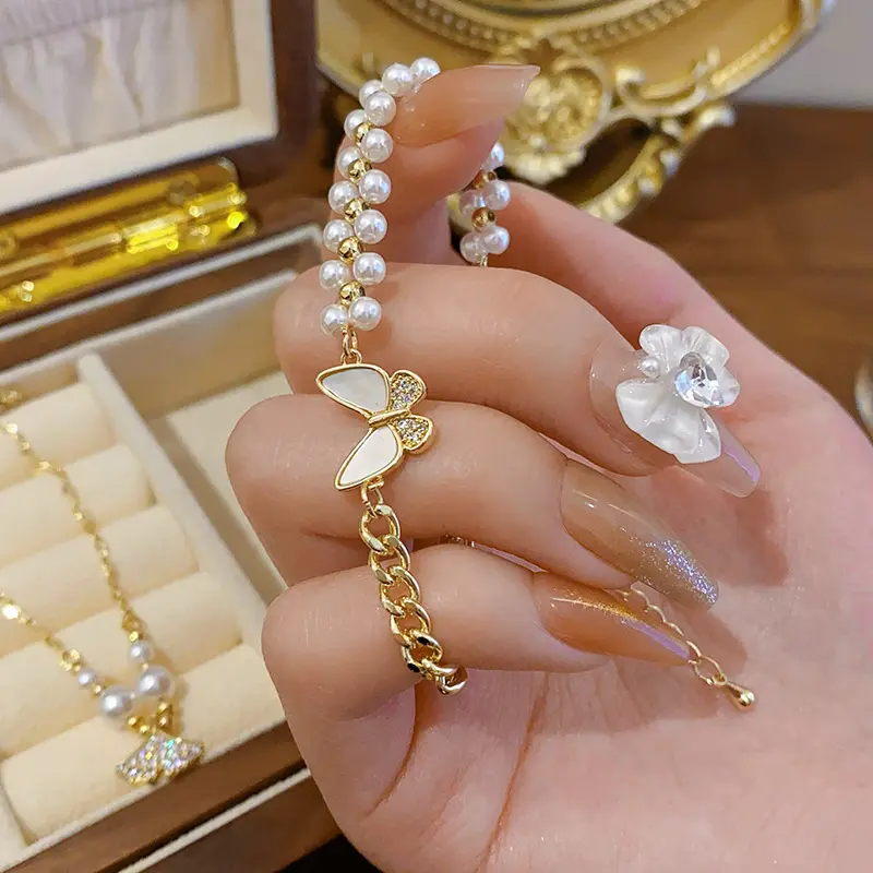 Gelang rantai emas wanita, perhiasan gelang cangkang kupu-kupu berlapis emas 18K dapat diatur