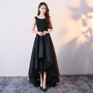 3052夏季新款简约优雅女士黑色蕾丝缎面无袖高低裙装派对礼服