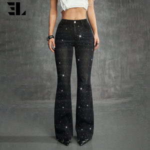 LARSUR Custom Factory Rhinestone Flare <span class=keywords><strong>Jeans</strong></span> Slim Fit Bootcut Distressed Wash High Waist Denim Broek voor Dames - Product Image 3