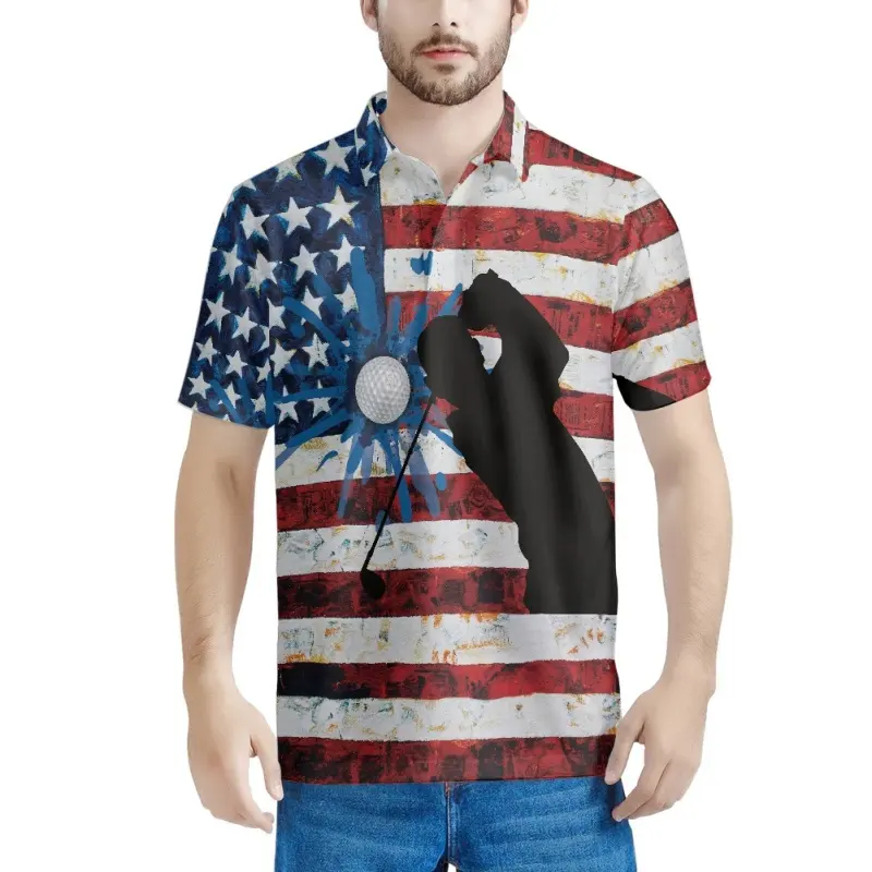 미국 국기 캐주얼 폴로 셔츠 남성용 반소매 스포츠 테니스 셔츠 통기성 골프 셔츠 빈티지 풀 프린트 공장 직접