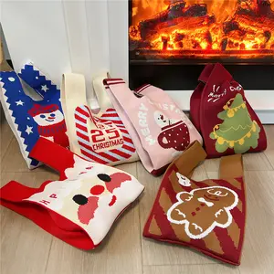 2024 Grappige Tote Halloween Candy Decoraties Feest Cadeau Tas Mode Blauwe Kerst Sneeuwpop Gebreide Handtas