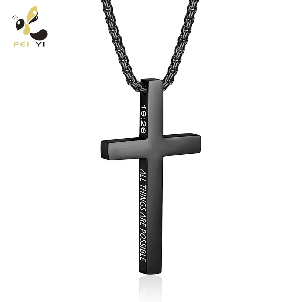 Fashion Jewelry Men Religious Cross Stainless Steel Pendant Necklace Catholic Bible Verse Cross Necklace