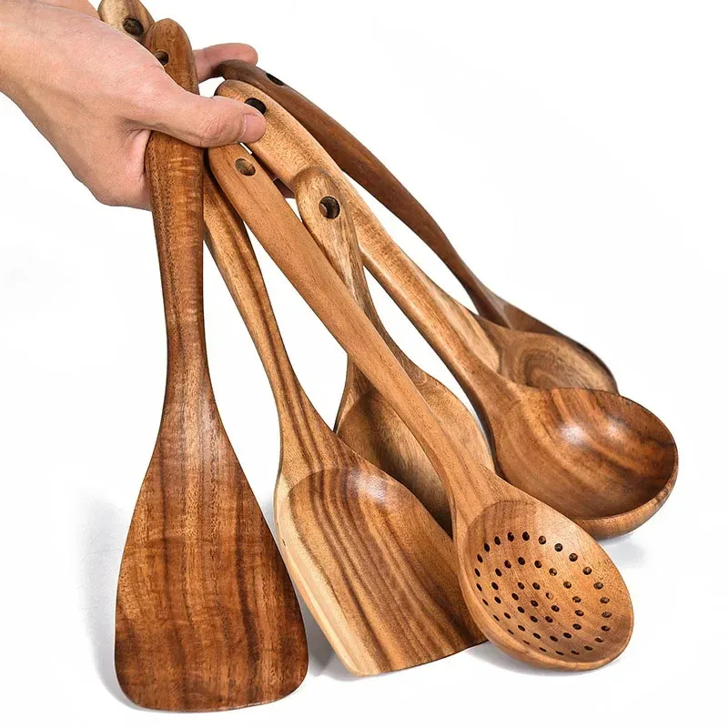 Peralatan dapur Set alat memasak tahan lama tidak lengket kayu jati alami sendok dapur penyaring nasi
