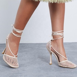 Sandalias de tacón de aguja con cordones y encaje sexy para mujer, zapatos de verano con punta cerrada, transpirables, talla 43 - Product Image 4