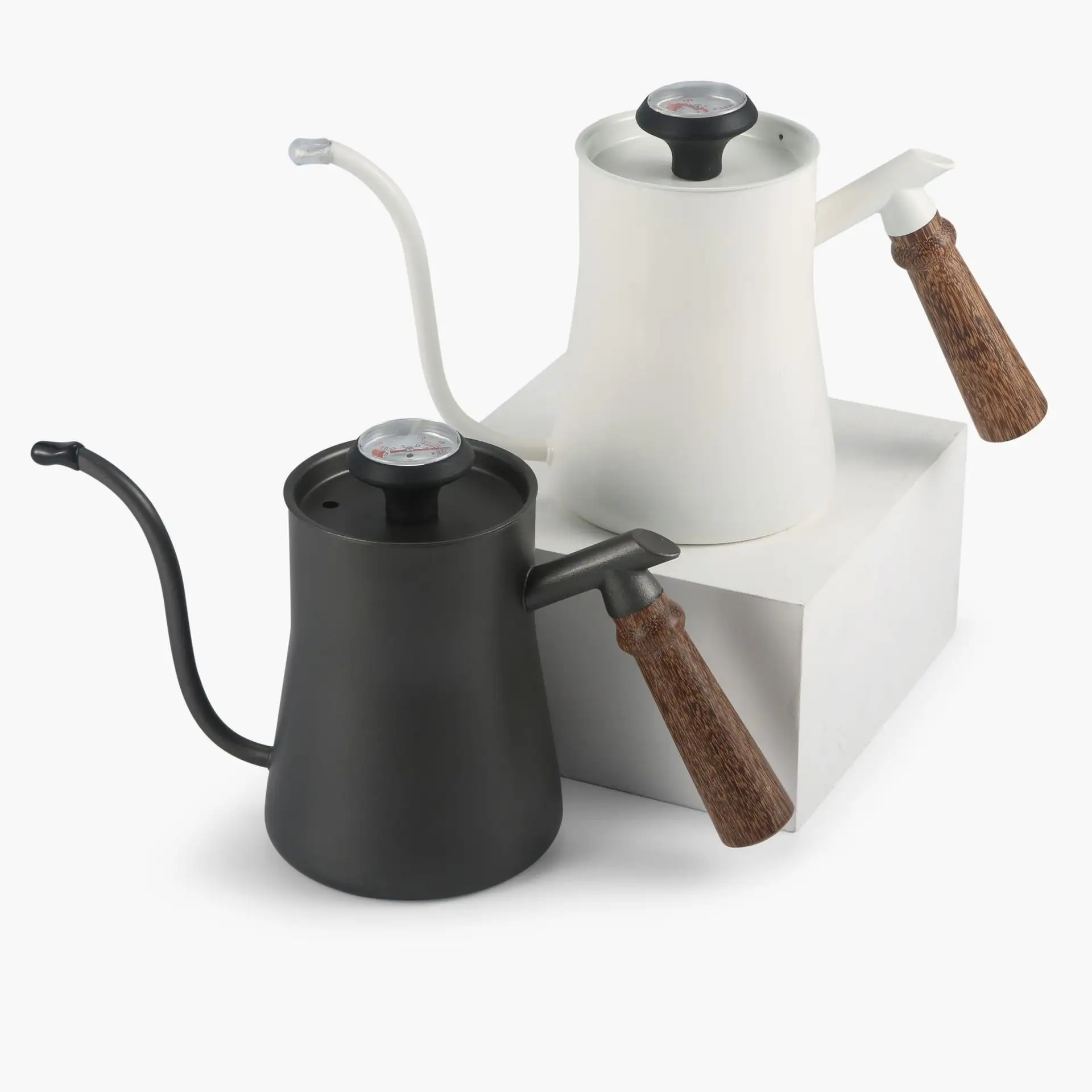 Bouilloire pour café 550ml 1 Litre bouilloire à col de cygne avec thermomètre-avec Long bec et poignée en bois pour verser le café