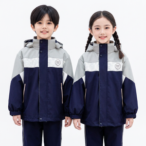 521005 Ensemble de 3 pièces d'uniforme scolaire primaire <span class=keywords><strong>et</strong></span> secondaire personnalisé avec logo, coupe-vent, bleu marine <span class=keywords><strong>et</strong></span> gris, survêtement d'hiver pour garçons <span class=keywords><strong>et</strong></span> filles - Product Image 1
