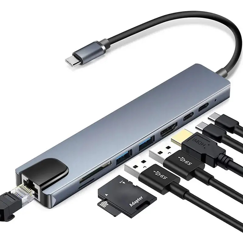 8-en-1 Tipo-C Hub USB3.0 a HDTV Adaptador Dongle multipuerto con estación de acoplamiento USB RJ45 PD y soporte HDTV 4K