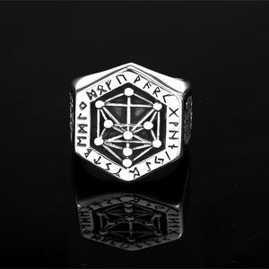 Men's Stainless Steel Hexagon <b>Ring</b> Viking Letters Geometric Design Hip Hop Style Gift Jewelry - Product Image 3