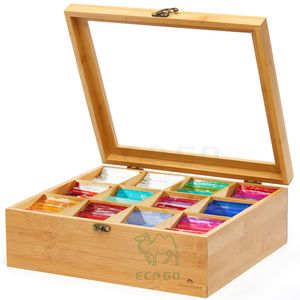 Boîte à thé en bois de bambou avec 12 compartiments organisateur avec couvercle en acrylique boîte à thé support de stockage conteneur en bambou - Product Image 1