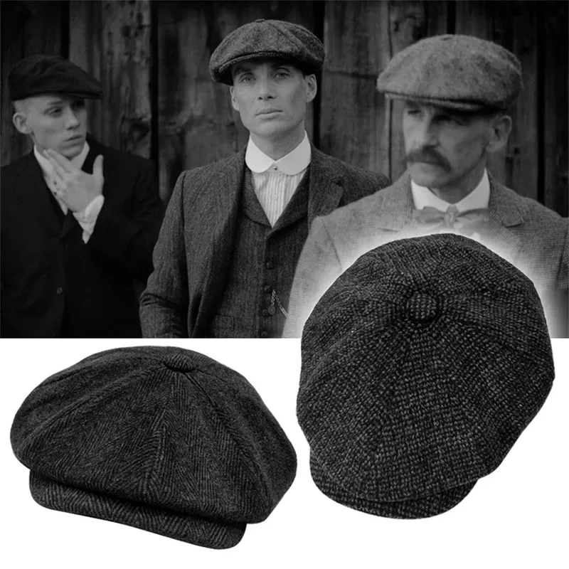 Retro Big Head Men's Newsboy Hat Woolen Berets with Buckles Cap Octagonal Peaky Blinders Male Beret Hats Chapeau