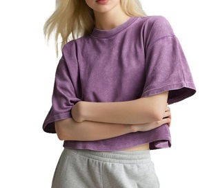 Women Cropped Acid Wash T-shirt Heavy Weight Cotton Snow Wash Distressed Short Tee, Streetwear Brand Crop Top - Product Image 2