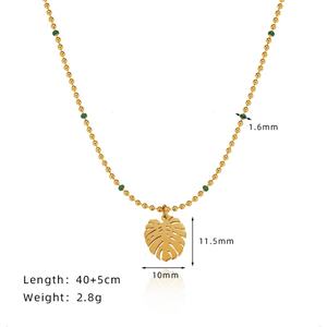 Collar con Colgante de Hoja de Palmera Tropical, Cadena de Bolas con Cuentas, Joyería de Acero Inoxidable y Titanio con Baño de Oro de 18k para Mujer - Product Image 3