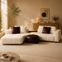 Canapé modulaire en forme de L en bouclette blanche moderne et écologique avec pouf rond rembourré en éponge pour appartement et hôtel
