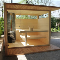 Sauna à Lumière Rouge Personnalisé, Lumière Rouge Carrée, 3 Personnes, Sauna à Lumière Rouge IR et Hammam, Sauna Extérieur