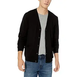 Venda quente Mens Cardigan Camisola 100% Algodão Bolsos Casual Slim Fit V-Neck Camisolas De Malha Botão até