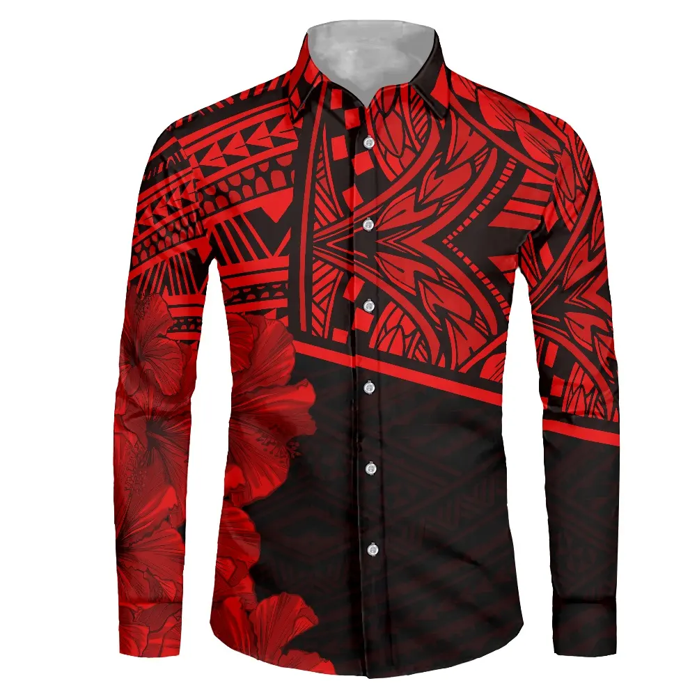 Camisas informales ajustadas personalizadas para hombre, camisas de talla grande, color negro, rojo, Polinesia, Tribal, último diseño, venta al por mayor