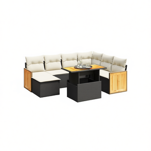 Ensemble de canapés de jardin en rotin noir crème 6 places, mobilier d'extérieur résistant aux intempéries, design contemporain, style bois de teck - Product Image 1