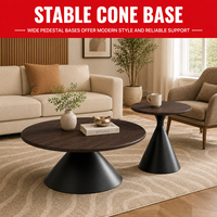Ensemble de 2 tables basses gigognes - Plateau rond en MDF imitation noyer avec base conique en métal noir pour tables d'appoint modernes de salon