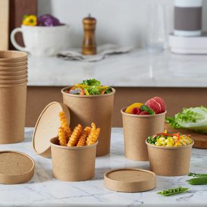Gobelets à soupe en papier brun jetables, compostables, écologiques, à paroi simple, de qualité alimentaire, enduits, imperméables, avec couvercle - Product Image 4