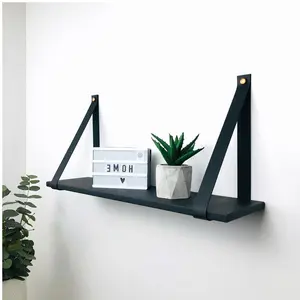 Hot Sale Modern Leather Strap Swing Wall Hanging Shelf Wood Floating Shelves With Hanging Rings
