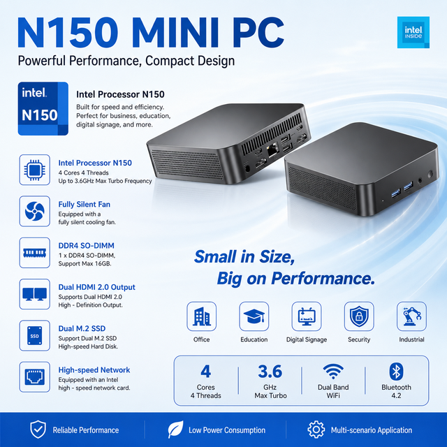 Mini PC Intel N150 N100 N95 Mini Desktop PC 2HD2.0 Type-c 4k Display AU/EU/US/UK Plug Win11 4Core Mini PC CPU with 8gb ram Ddr4