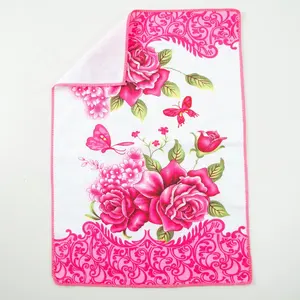 Hot Sales Red Flower Pattern Printing Microfiber Kitchen Towel Customized Embroidery Logo Kitchen Cleaning Cloth