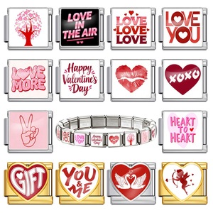 Pulsera Modular Universal de Acero Inoxidable con Dijes Italianos de Corazón de San Valentín, Impermeable, con Slogan de Amor Impreso en Epoxi, DIY - Product Image 1