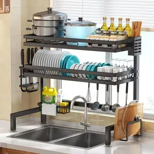 2 Tiers Black Over The Sink Rack Tableware Storage Kitchen Drain Large Capacity Dish Rack For Hotel