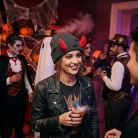 Bonnet unisexe pour adultes, chaud et amusant, en tricot jacquard, style décontracté, avec cornes de diable, effet vieilli, idéal pour l'Halloween