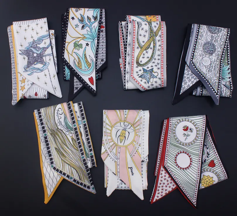 Tarot OH Cards Print Multifunctional Women Bag Ribbons Fashion Striped Head  Satin Silk Scarf Small Long Scarves