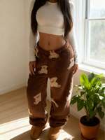 Pantalon large pour femme, doublé thermiquement, imprimé ours mignon, chaud et confortable pour l'hiver, moelleux et douillet