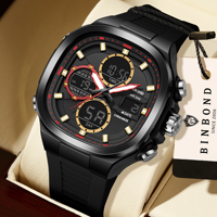 BINBOND D109 Jam Tangan Kuarsa Digital Pria dengan Layar Ganda, Tampilan Kalender, Jarum Bercahaya, Tahan Air 3BAR, Tali Silikon